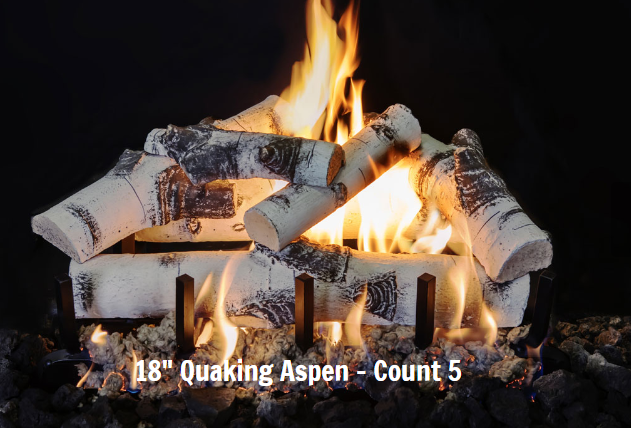 Fireplace with burning logs labeled '18" Quaking Aspen - Count 5' on a dark background